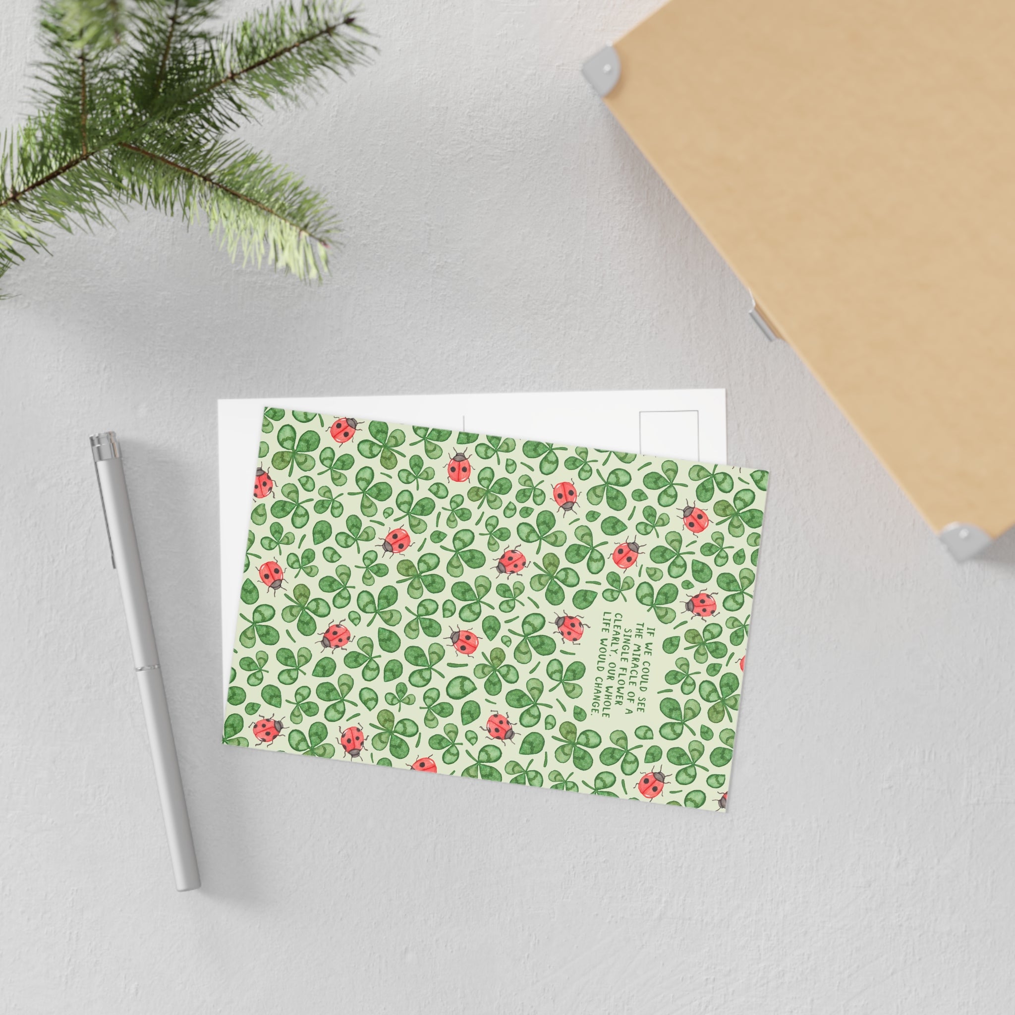 Ladybug & Clover Fine Art Postcard — Inspirational Quote Greeting Card