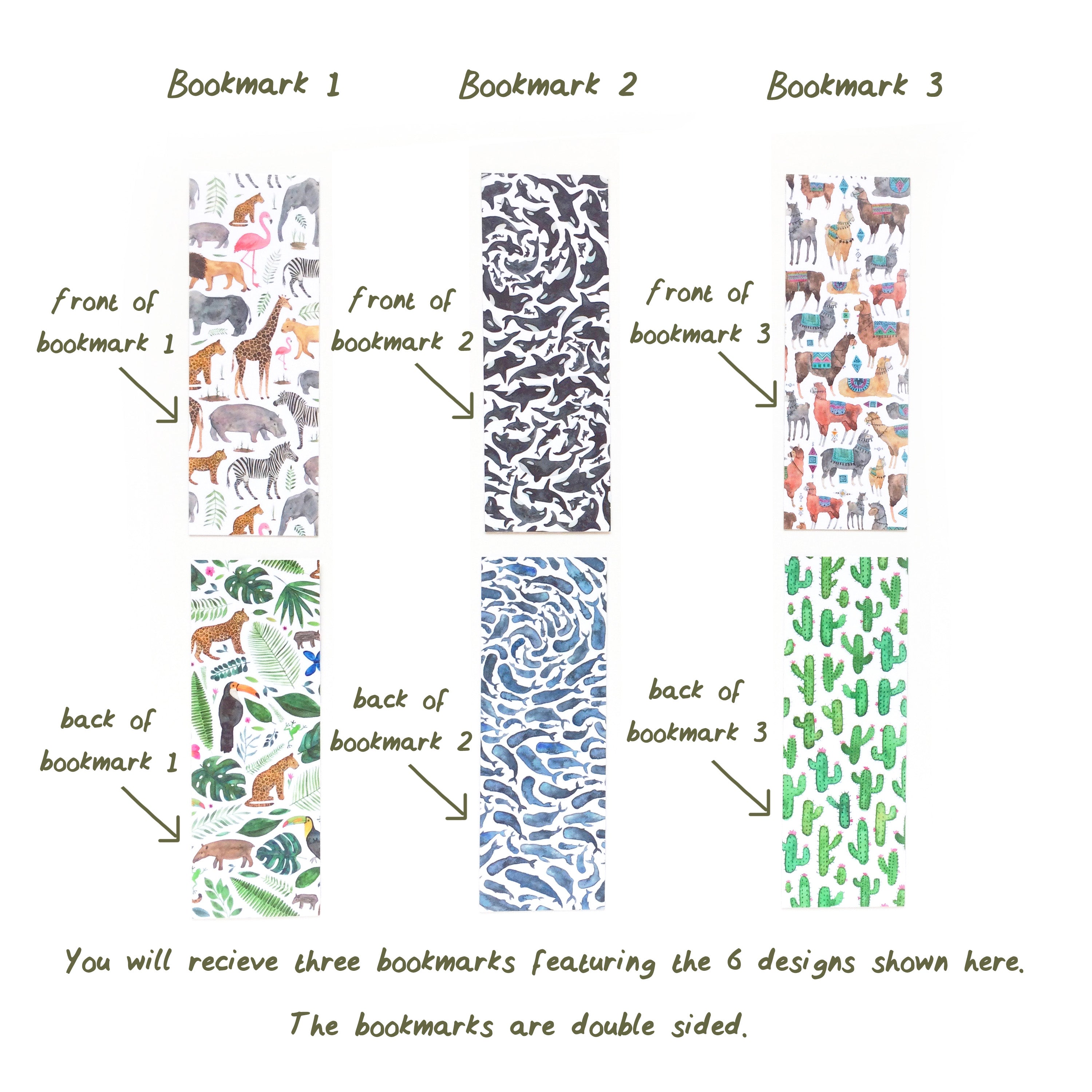 Pack of three - double sided bookmarks