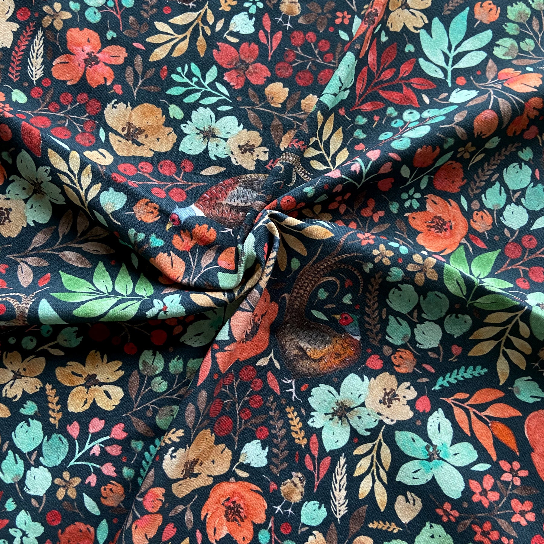 Fat Quarter Floral Pheasant organic jersey fabric