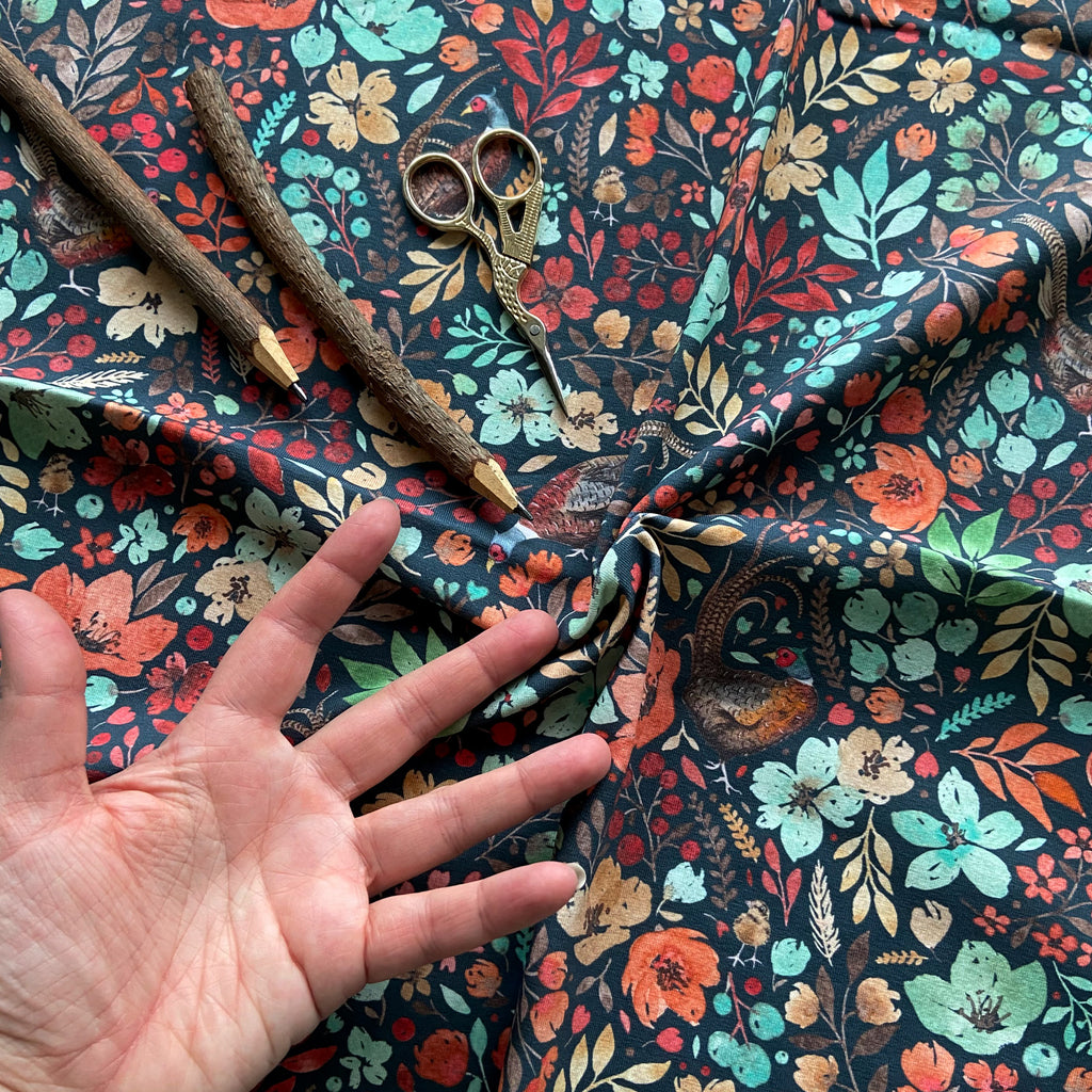 Fat Quarter Floral Pheasant organic jersey fabric