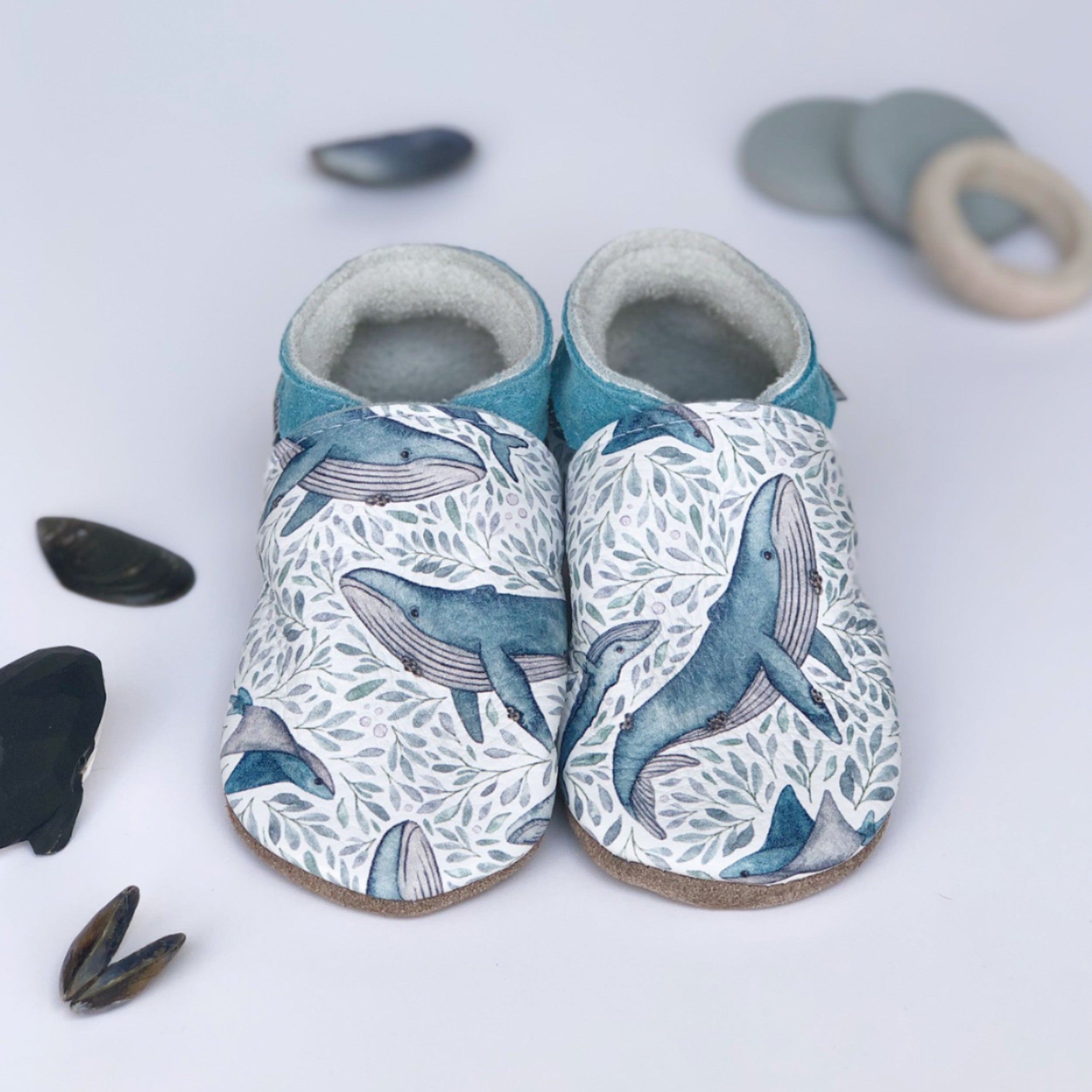 Whale - Barefoot soft sole shoes - inch blue - handmade in the UK