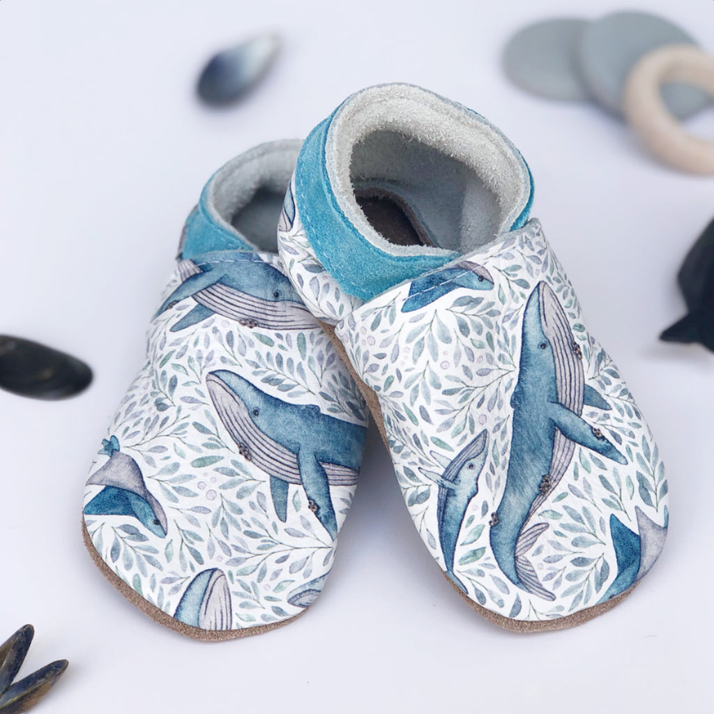 Whale - Barefoot soft sole shoes - inch blue - handmade in the UK