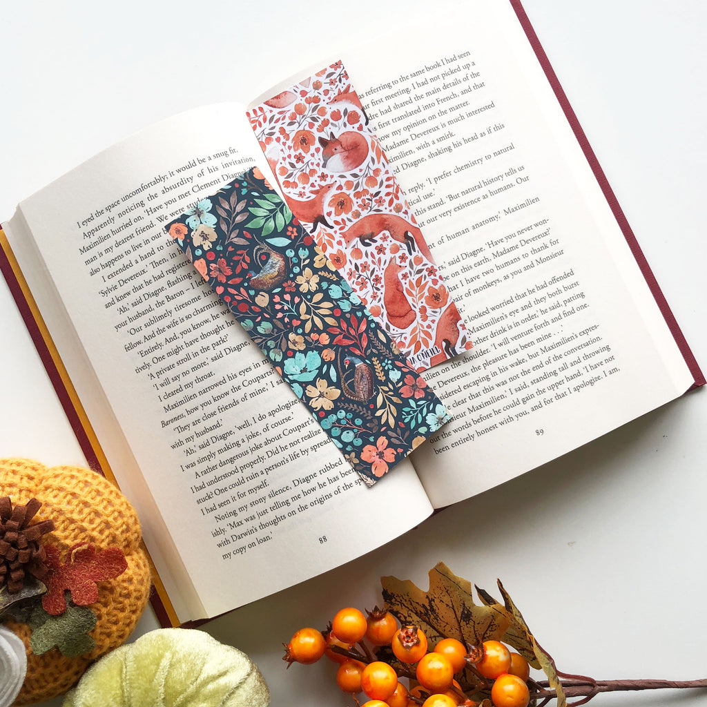 Floral fox and pheasant double sided bookmark
