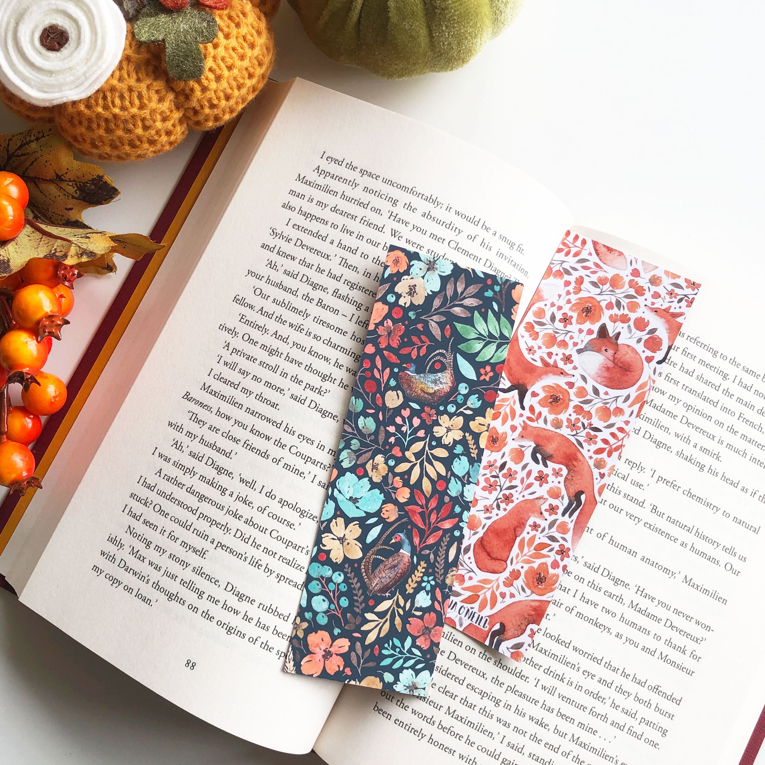 Floral fox and pheasant double sided bookmark
