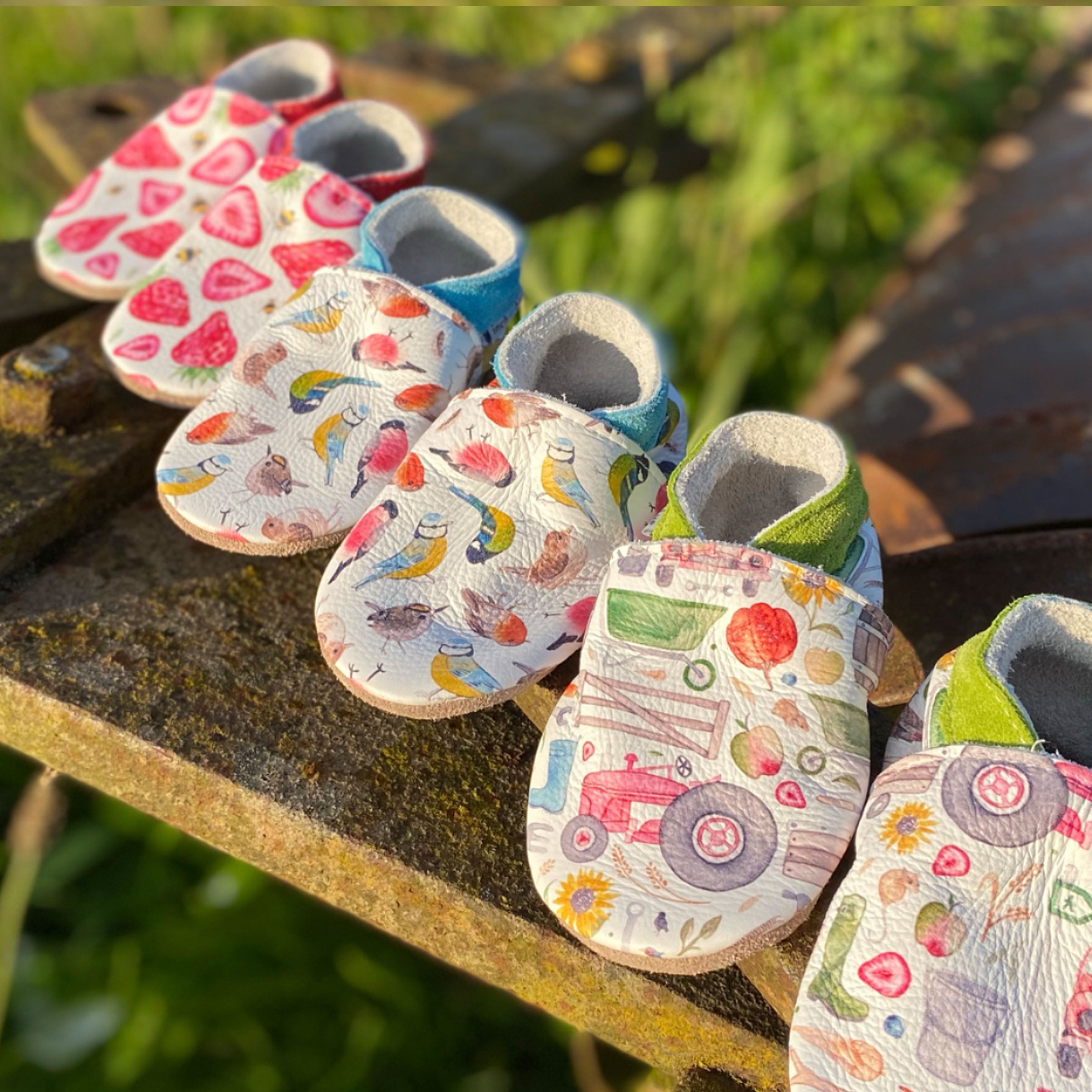 Birds - Barefoot soft sole shoes - inch blue - handmade in the UK (Copy)