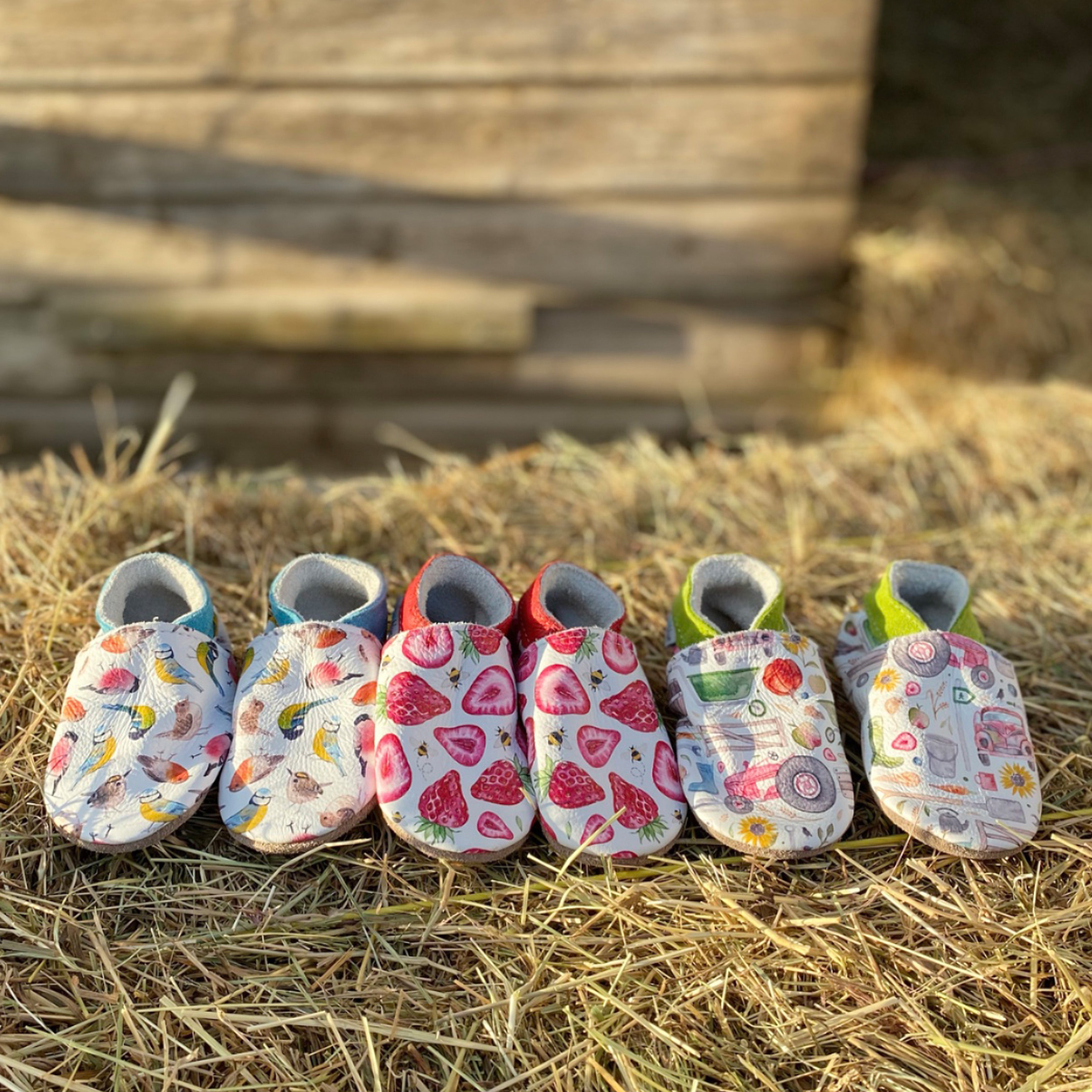 Birds - Barefoot soft sole shoes - inch blue - handmade in the UK (Copy)