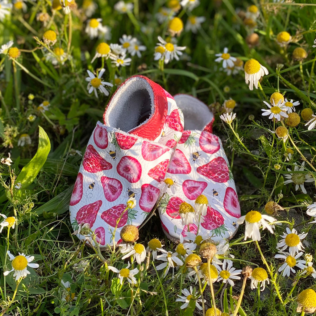 Strawberry - Barefoot soft sole shoes - inch blue - handmade in the UK
