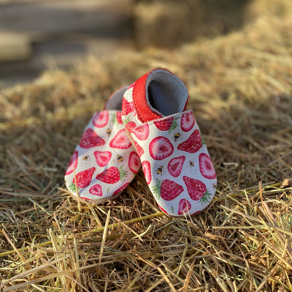 Strawberry - Barefoot soft sole shoes - inch blue - handmade in the UK
