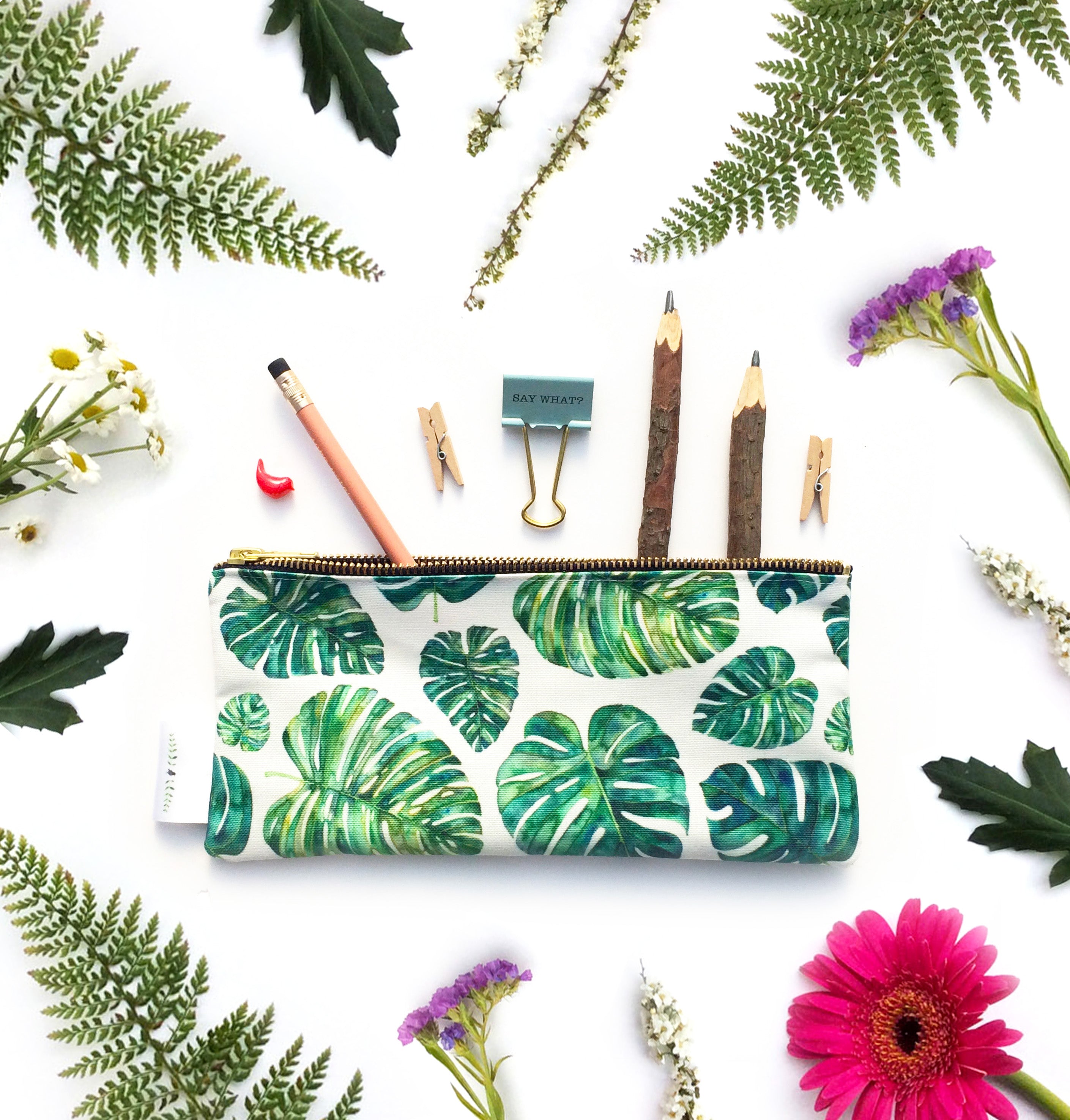 Monstera leaves pencil case