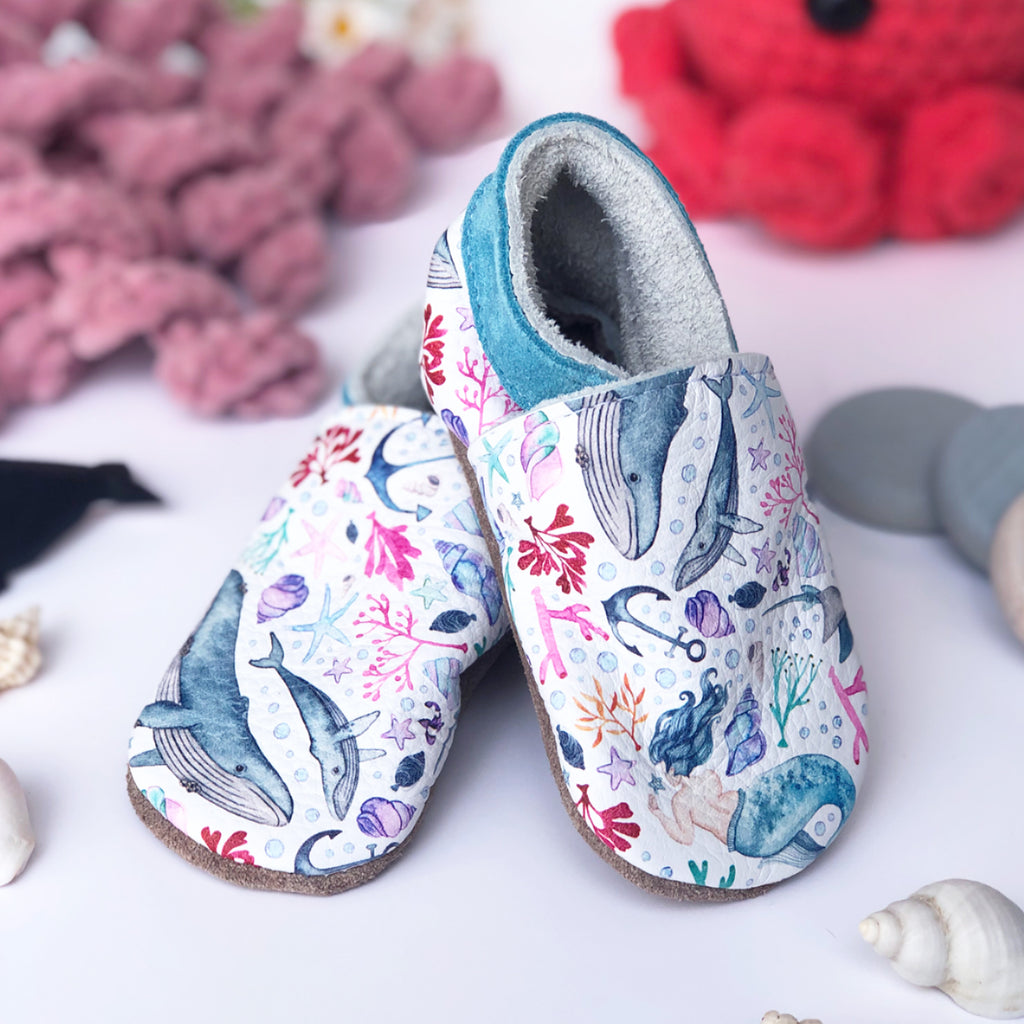 Magic under the sea - Barefoot soft sole shoes - inch blue - handmade in the UK