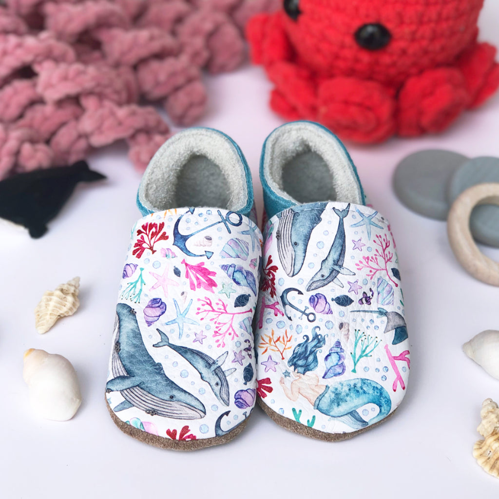 Magic under the sea - Barefoot soft sole shoes - inch blue - handmade in the UK