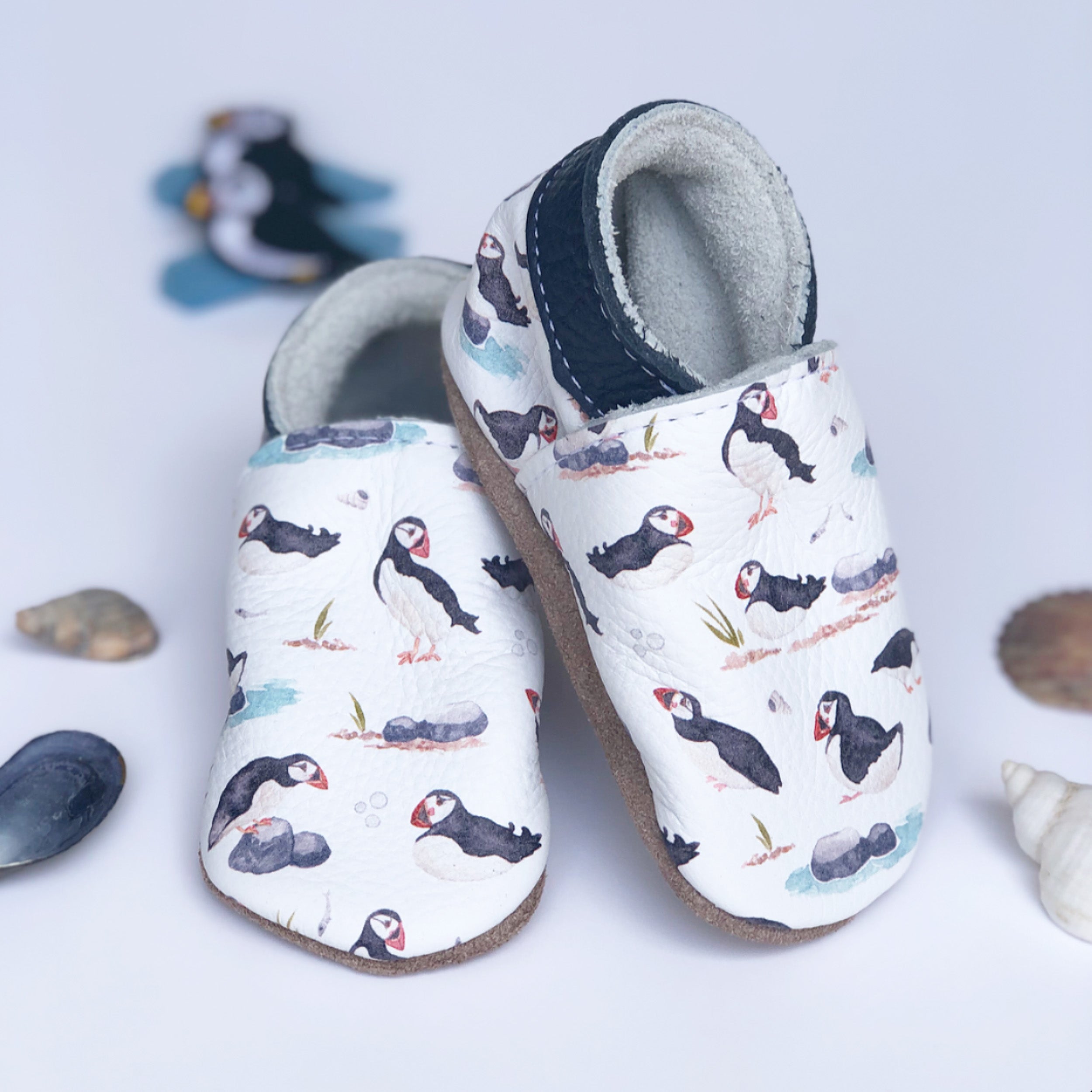 Puffins - Barefoot soft sole shoes - inch blue - handmade in the UK