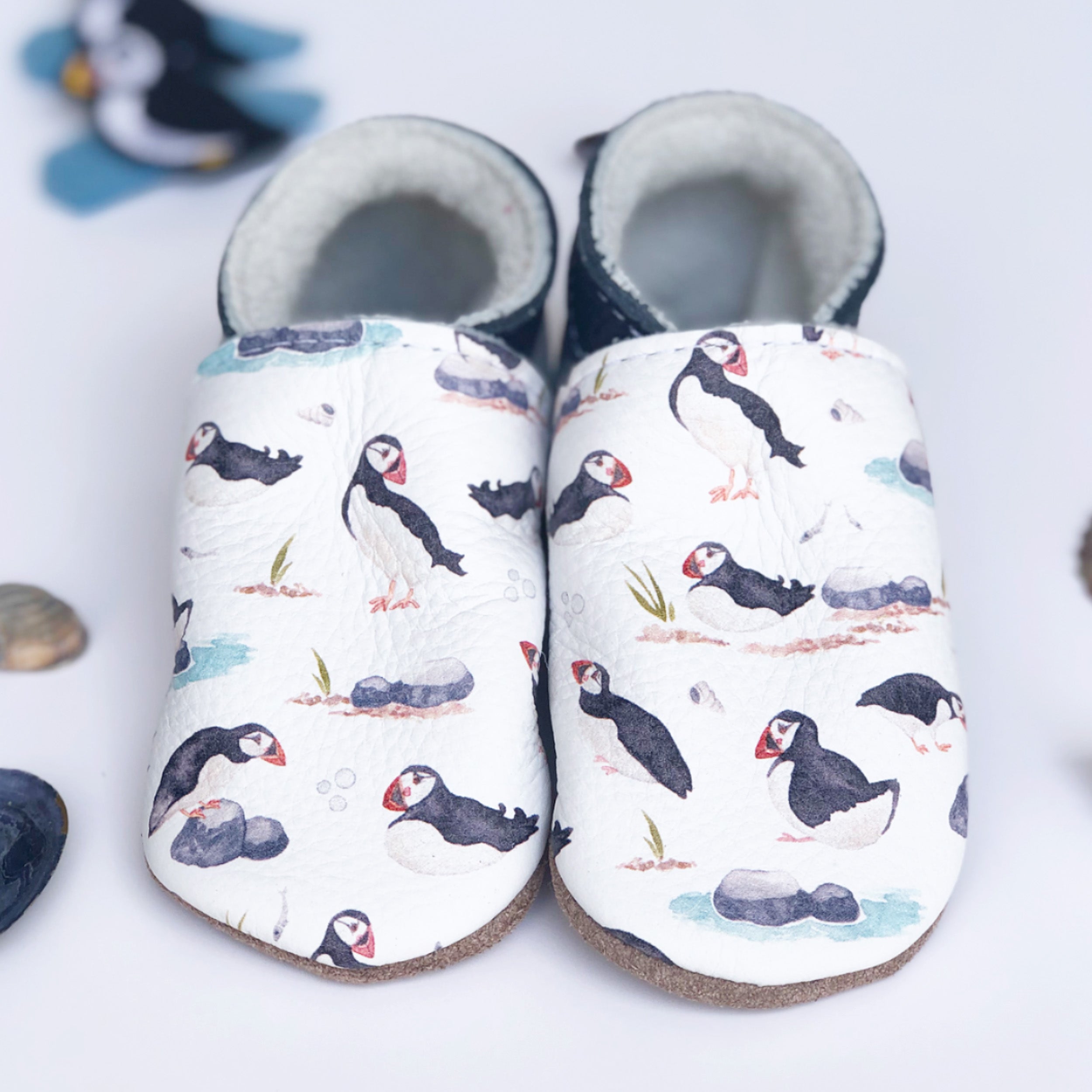 Puffins - Barefoot soft sole shoes - inch blue - handmade in the UK