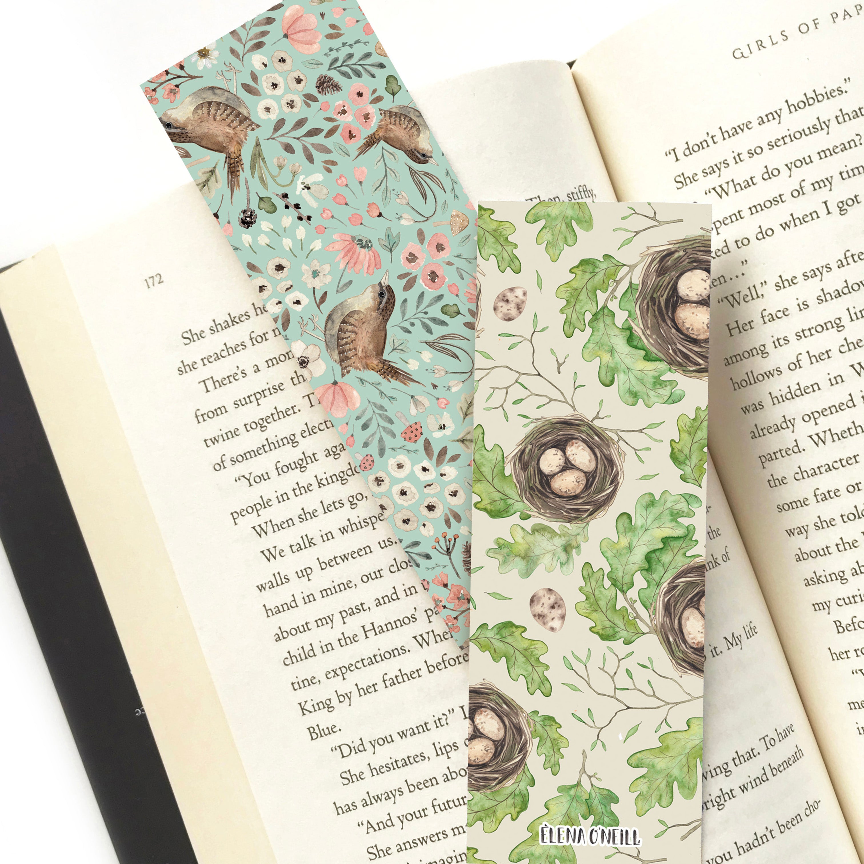 Floral wren and nests double sided bookmark