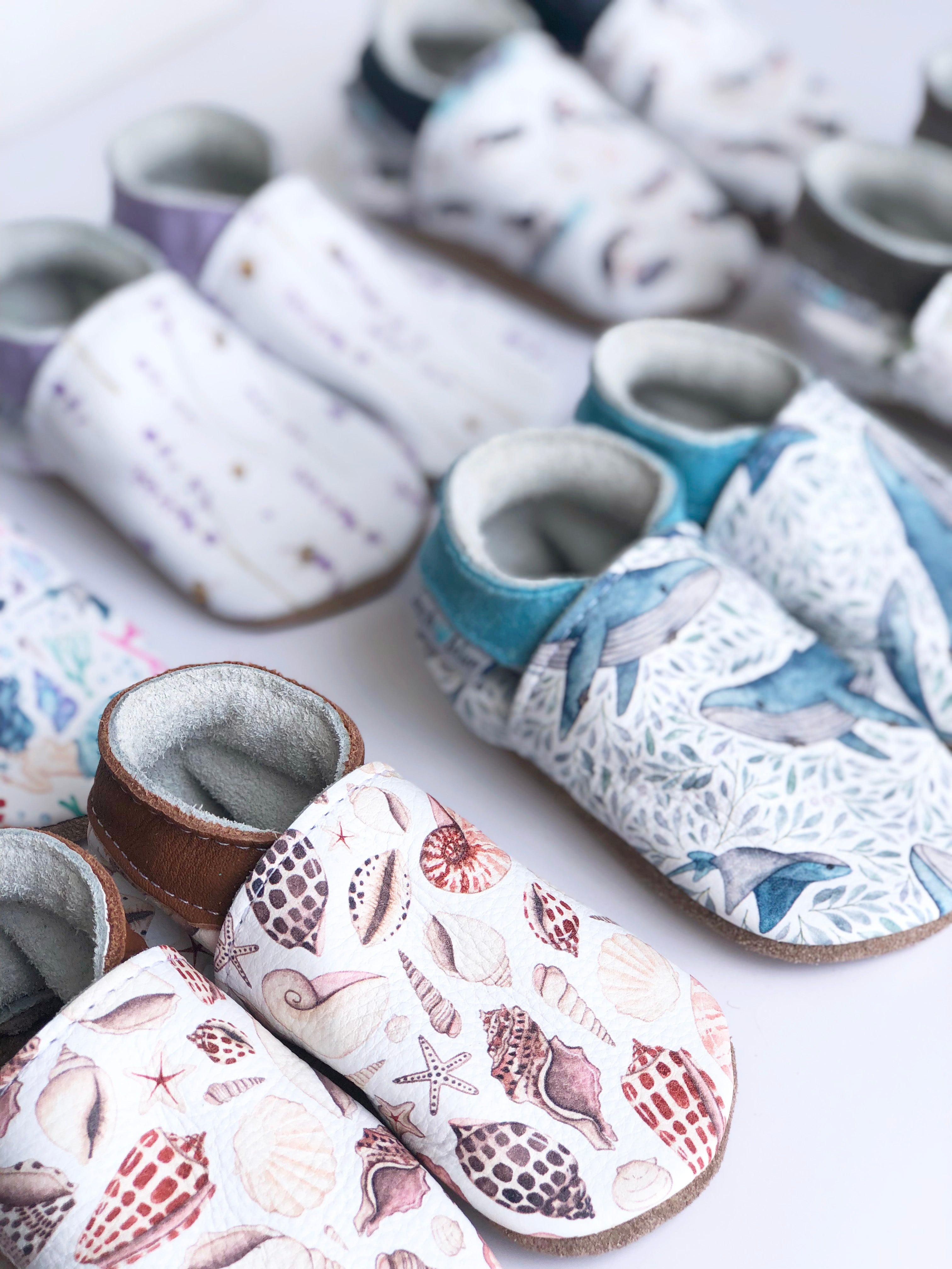Magic under the sea - Barefoot soft sole shoes - inch blue - handmade in the UK