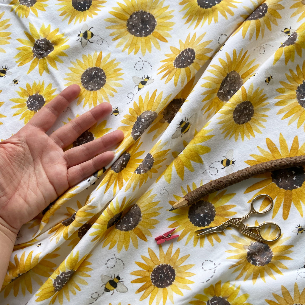 1m large Sunflowers organic jersey fabric